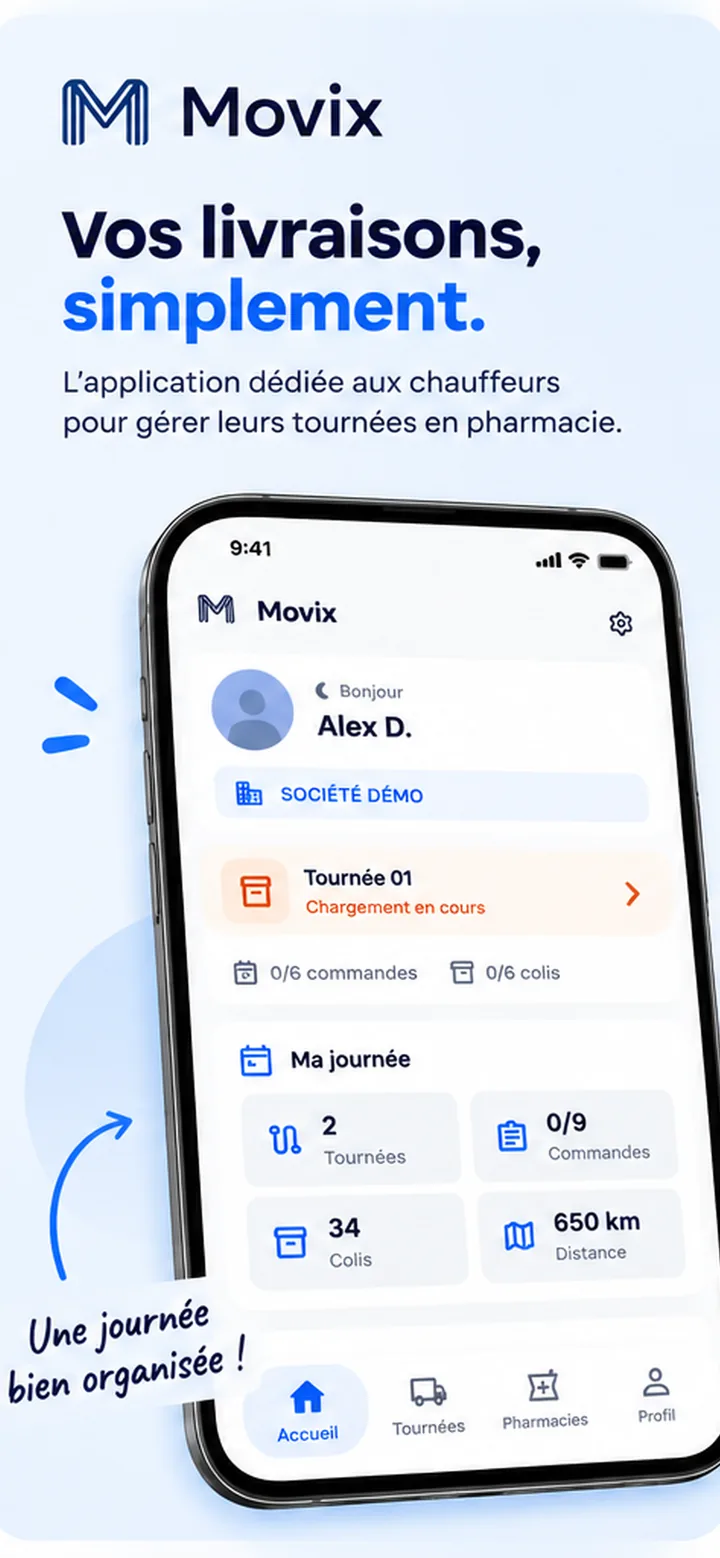 Écran d'accueil de l'application chauffeur, avec la tournée en cours de chargement et les tournées, commandes, colis et distance du jour.