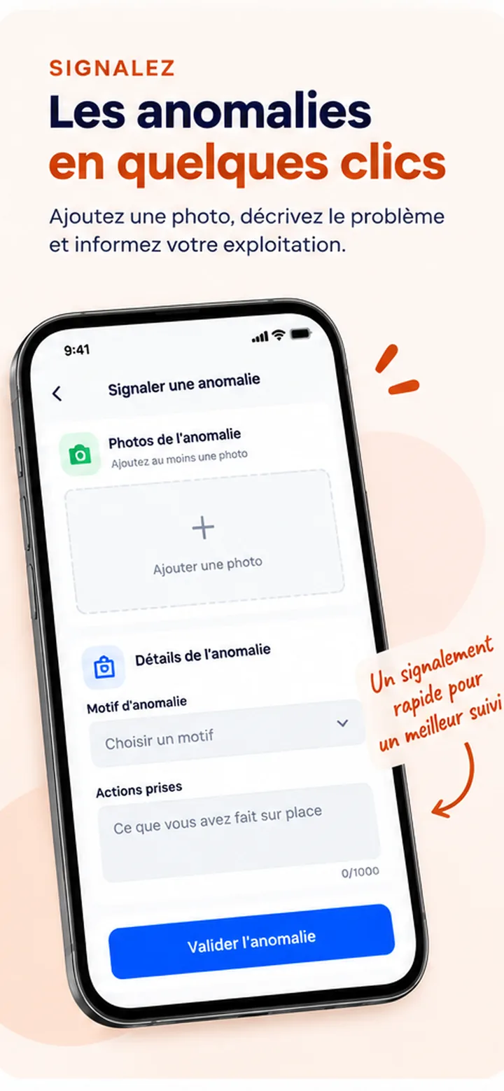 Écran Signaler une anomalie, avec la zone photo, le choix du motif, les actions prises et le bouton de validation.