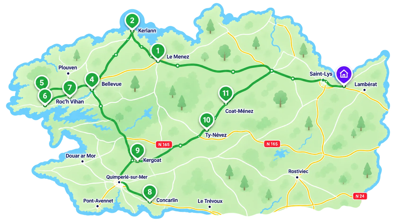 Carte d'un trajet de tournée optimisé : une route verte relie onze arrêts numérotés jusqu'au dépôt.