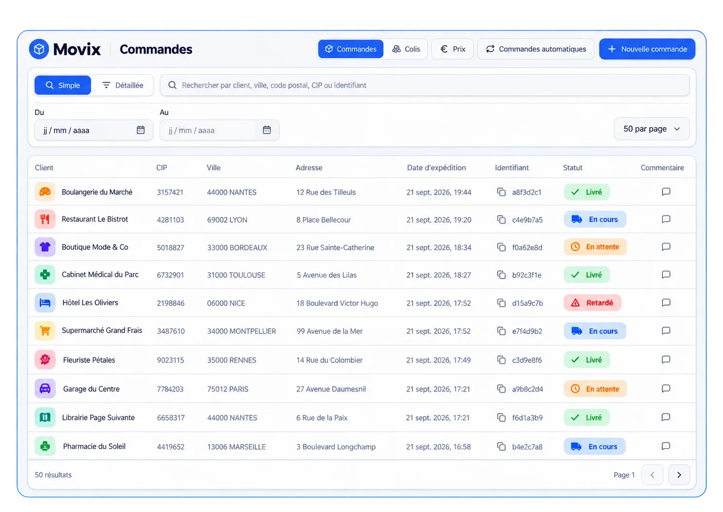 Écran Commandes de Movix : la liste des commandes avec le client, la ville, l'adresse, la date d'expédition, l'identifiant et le statut de chacune.