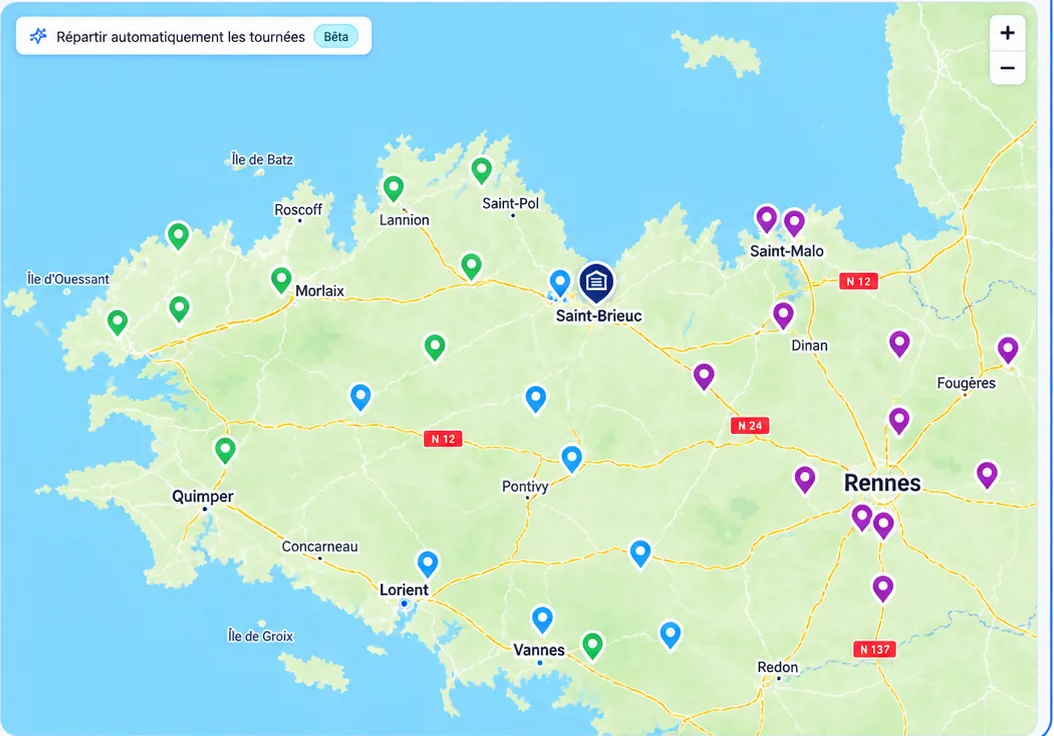 Carte des expéditions du jour, avec les destinations colorées selon leur zone et le dépôt.