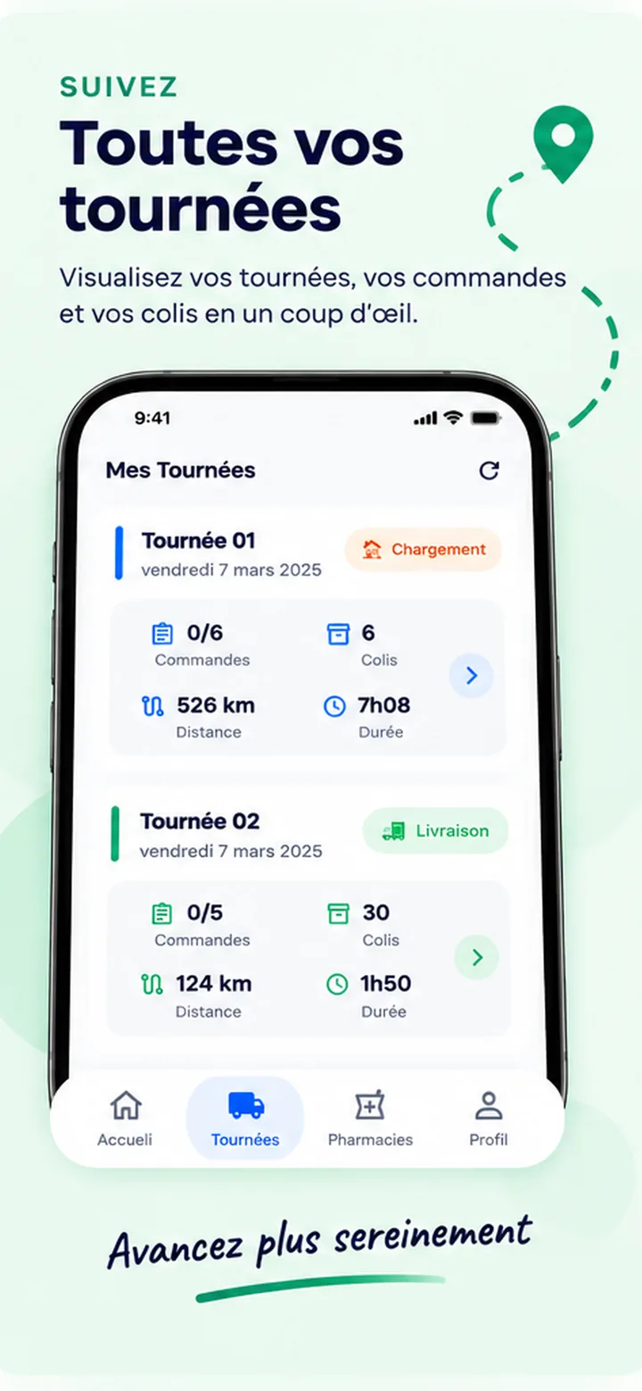 Écran Mes tournées, avec une tournée en chargement et une tournée en livraison, chacune avec ses commandes, colis, distance et durée.