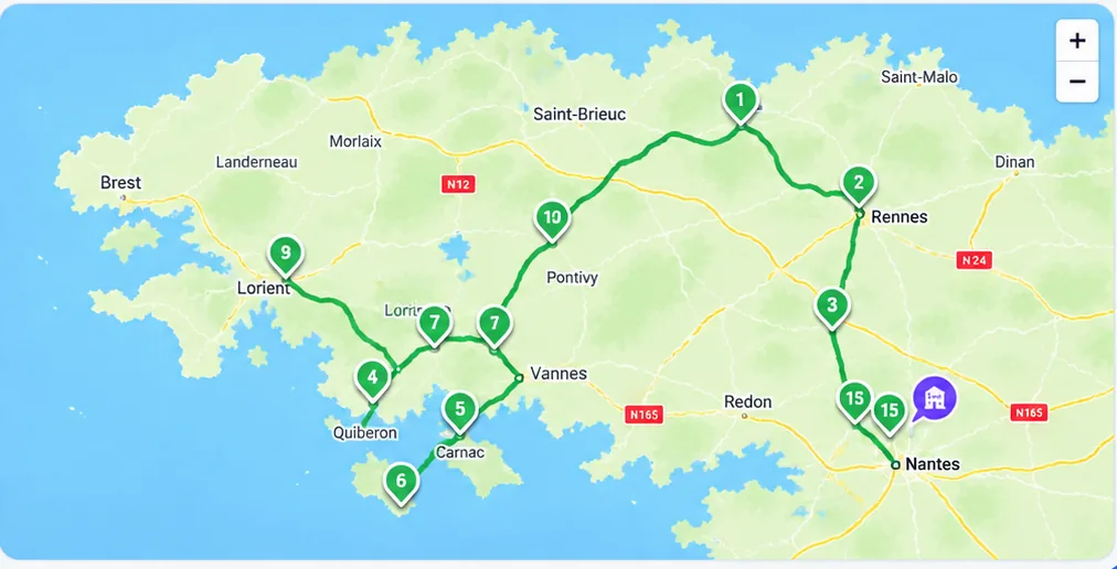 Écran Tournées de Movix : les arrêts d'une tournée avec leurs heures d'arrivée et leurs statuts, le chauffeur et le véhicule, et la carte du trajet optimisé.